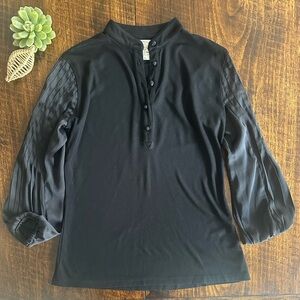 Fine Garments by Bell | Black Henley Blouse w/Pin-tuck Pleated Satin Sleeves